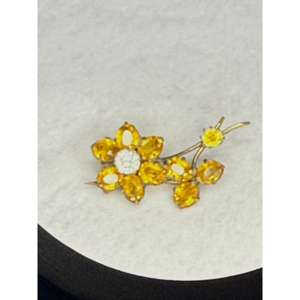 Vintage Long-Stem Flower Brooch Yellow Citrine Stones Rhinestone Lapel Pin MCM